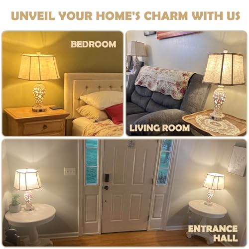 Reyokale Wash White Rustic Table Lamp Set with USB Ports & Nightlight - Farmhouse Vintage End Table Lamps for Living Room & Bedroom
