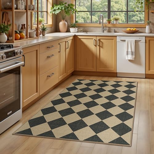 Black Checkered Outdoor Patio Rug 3x5 Washable Non-Slip Entryway Mat - Lessymo