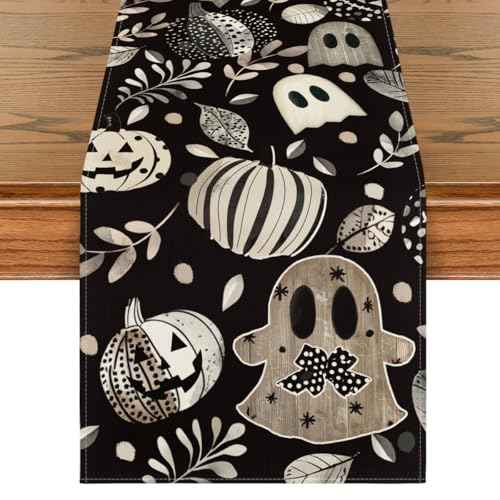 Artoid Mode Ghost Pumpkin Leaves Eucalyptus 210 GSM Halloween Table Runner,Seasonal Fall Kitchen Dining Table Decoration for Home Party Decor 13x90 Inch