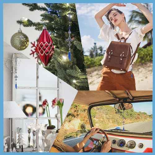 WEBEEDY Evil Eye Car Hanging Ornament Cross Pendant Turkish Blue Evil Eye Car Charms Protective Wall Decor for Cars Rear View Mirror Window Door Christmas Back to School Decor Gift,Length 10.6inch