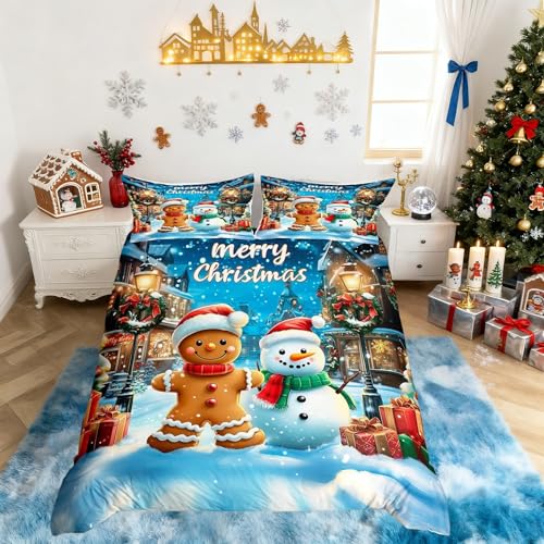 Manfei Blue Brown King Size Kids Bedding Set Gingerbread Snowman Christmas Quilt Cover