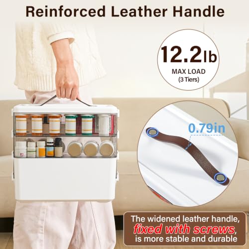 Homaigie 3-Tier Extra Tall Medicine Organizer with Leather Handle — Large Capacity First Aid Box