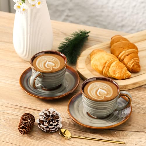 Brown 8oz Ceramic Espresso Cups with Saucers - Set of 4 for Coffee & Tea