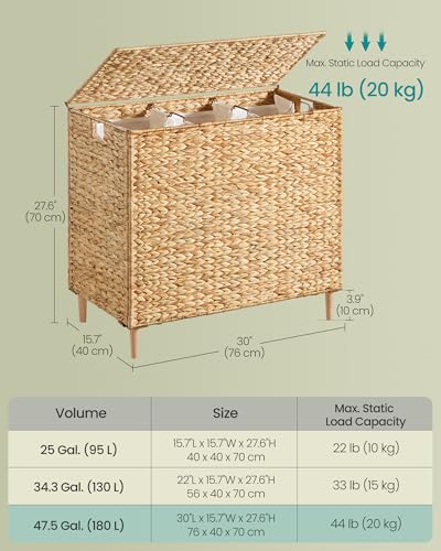 SONGMICS Natural Water Hyacinth Laundry Hamper with Lid 180L Wicker Basket, 3-Section Family Size