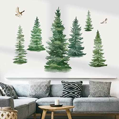 decalmile 6 Watercolor Pine Tree Wall Decals Christmas Woodland Wall Stickers Nursery Bedroom Living Room Wall Decor(H: 37inches)