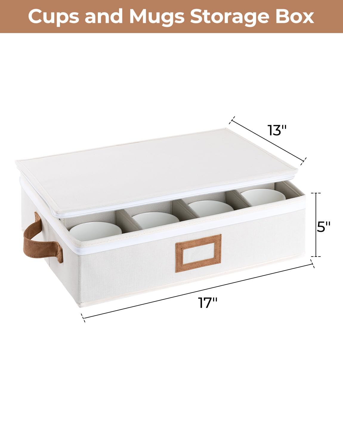 StorageWorks China Storage Container, Stackable Mug Storage Box with Dividers, Stemware Storage Cases, Hard Shell China Cup Organizer, Holds 12 Tea Cups and Coffee Mug, 1 Pack, Beige