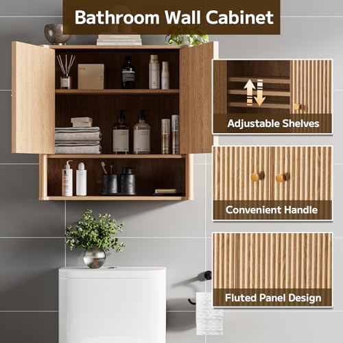 Oak Bathroom Wall Cabinet with Adjustable Shelves - Over Toilet Storage Organizer