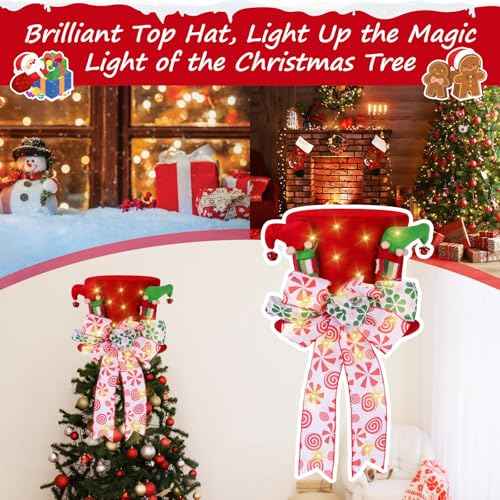Christmas Tree Topper Hat, Large Red Bow Christmas Tree Topper, Lighted Red Velvet Hat with Elf Legs Christmas Tree Decorations, Tabletop Ornaments for Holiday Home Decor
