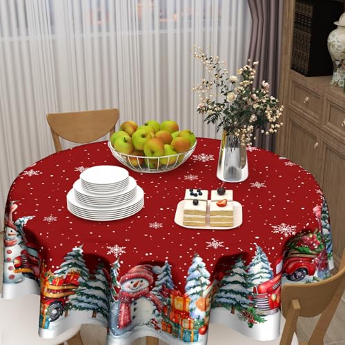 Kawani 60-Inch Christmas Round Tablecloth Snowman Red Truck Snowflakes, Xmas Decor