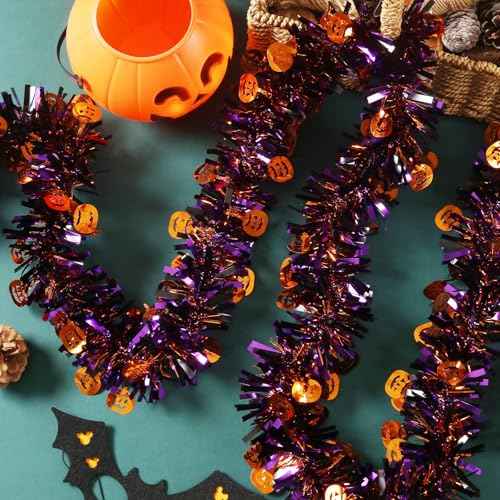 50 Feet Halloween Tinsel Garland Orange Purple Black Pumpkin Holiday Metallic Tinsel Twist Hanging Decorations for Birthday Halloween Party Supplies Indoor Outdoor Decoration (Pumpkin)