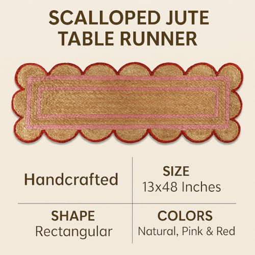 Madhu International Handwoven Jute Table Runner 13x48 Inch with Pink & Red Border, Scalloped Edge, Farmhouse & Boho Decor