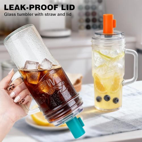 ANOTION Mason Jar Cups with Lids & Straws - Colorful Handle, 24oz Leakproof Glass Tumbler Set for Iced Coffee & Matcha, 4 Pack