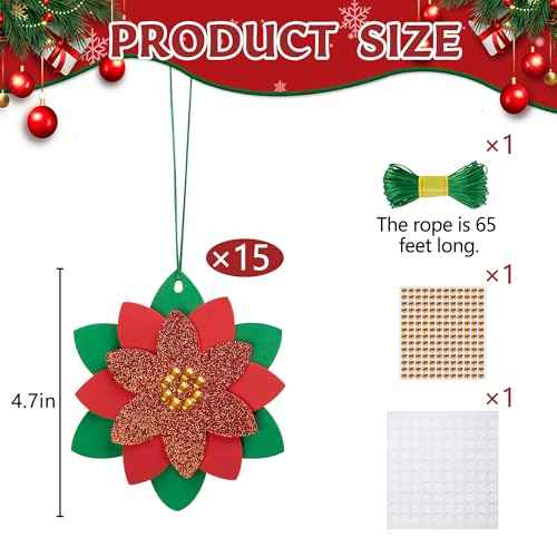 15 Pcs Christmas DIY Poinsettia Flowers Craft, Foam Poinsettias Flower Ornaments, Christmas Glitter Red Flowers DIY Decoration for Holiday Home Party Tree Garland Wreath Porch Stair Decor