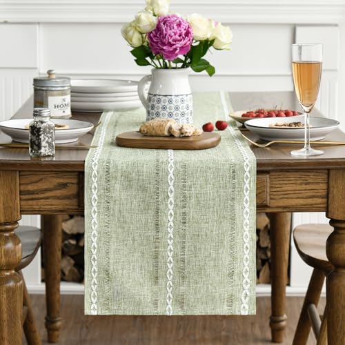 Artoid Mode Sage Green Rustic Cotton Linen Table Runner 13x90 Inch for Dining & Home Decor