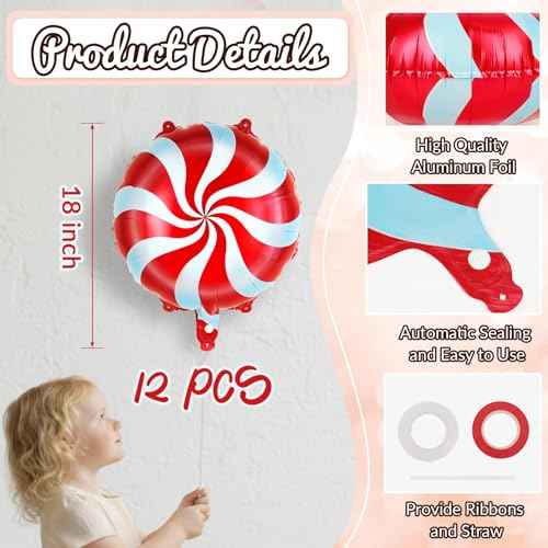 12 Pcs Red Candy Balloons, Christmas Foil Balloons, Large Candy Swirl Mylar Balloon Kit for Christmas Party Birthday Candy Themed Party Decorations
