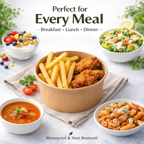36 Oz Large Paper Bowls with Lids Bulk Pack for Hot Cold Food - 50 Pack