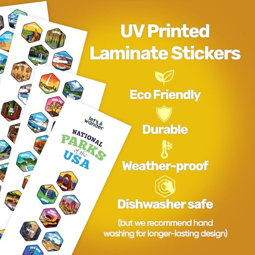 Let's Wander National Parks Water Bottle Bundle - Blue, 32oz with 63 Stickers & Dual Lids