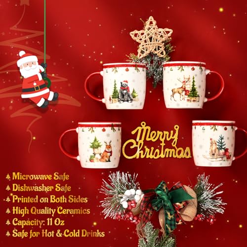 Homlouue Christmas Animal Mugs Set of 4 - Woodland Creatures Holiday Coffee Cups
