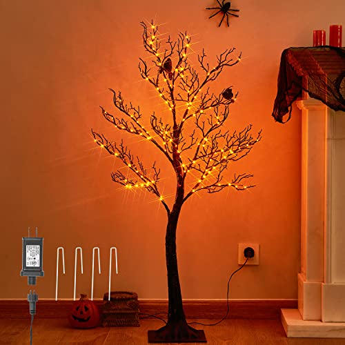 Black Halloween Tree with Lights - 4ft Spooky Indoor Outdoor Decor with 150 Orange Fairy Lights - Variation: Black 150L Tree