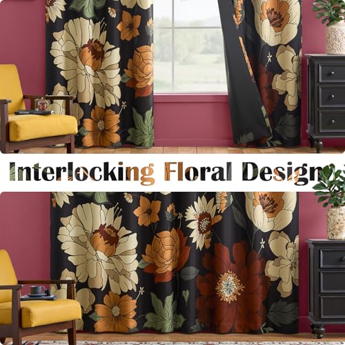 jinchan Black Boho Floral Blackout Curtains 84 Inch Grommet 2 Panels