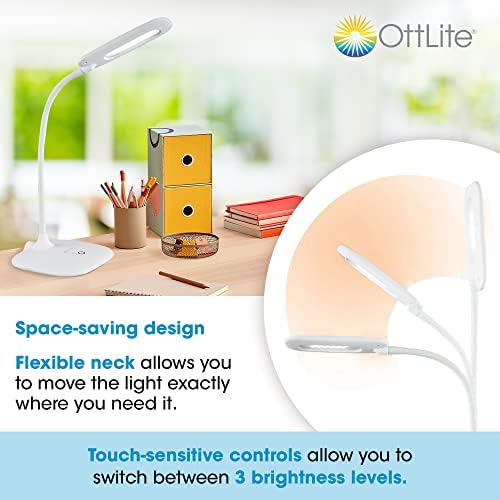 OttLite ClearSun LED Soft Touch Desk Lamp White - 3 Brightness Levels, Natural Daylight, Flexible Neck