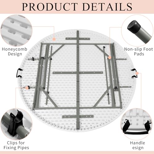 4 FT White Round Folding Table with Carrying Handle - Portable Plastic Outdoor Indoor