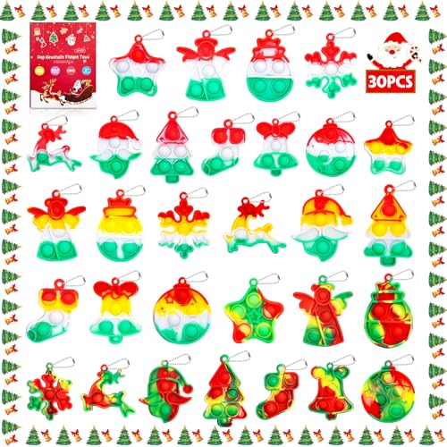 Genuvi 30PCS Christmas Pop Fidget Keychain Toys Bulk Christmas Party Favors Kids