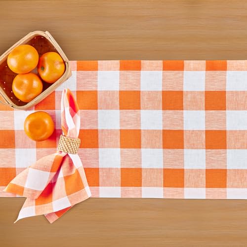 Solino Home Pumpkin & White Linen Table Runner 14 x 156 in – Handcrafted, Formal Dining Decor