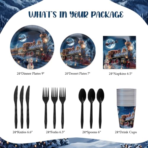 AIBIIN Navy Blue Train Christmas Paper Plates & Napkins Set for 24 Guests