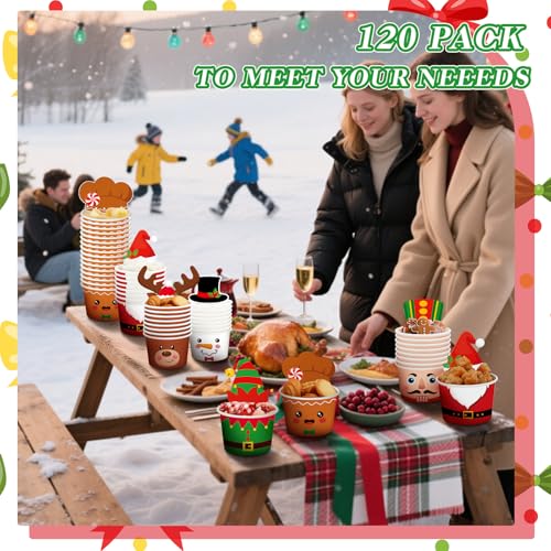 Qinyoung 120-Pack 8 oz Christmas Treat Cups – Snowman Santa Elk Gingerbread Disposable Bowls (Variation: Christmas)