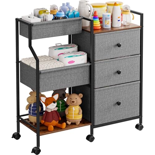Baby Diaper Caddy Organizer Rolling Cart with Dividers and Drawers - Grey