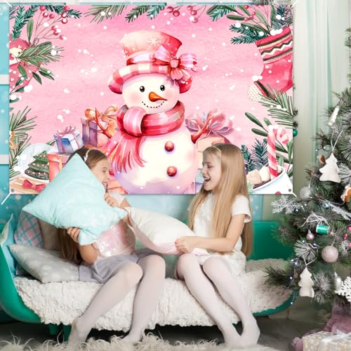 Pink Snowman Christmas Banner - Large Fabric Holiday Party Decor
