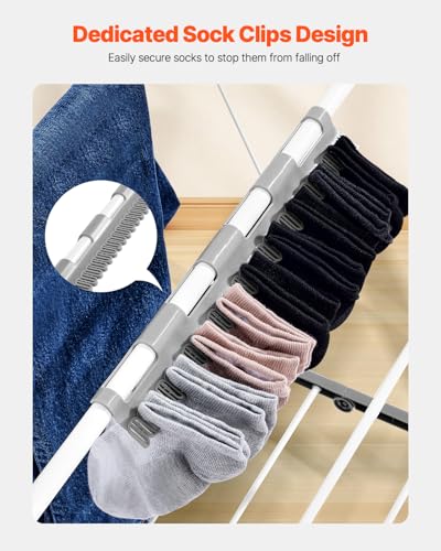 Foldable Laundry Drying Rack 2-Tier with Sock Clips, 21 Rods, Adjustable Height, Space-Saving, White - 54.5"D x 23.6"W x 39.4"H