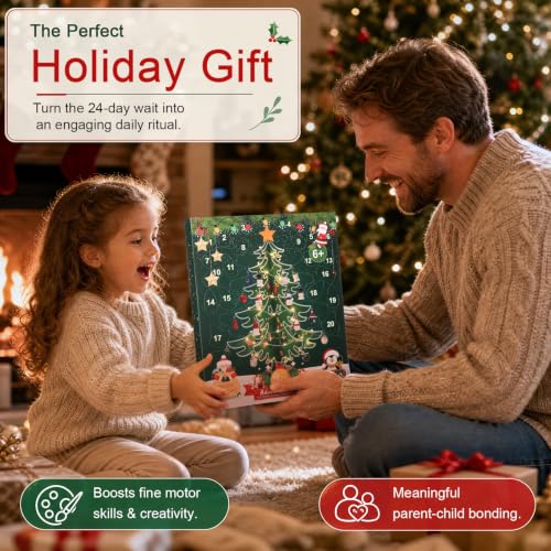 LIHAO 2026 Wooden Advent Calendar Tree with 24 Mini Ornaments & Warm LED Lights (Tree Shape, With String Lights)