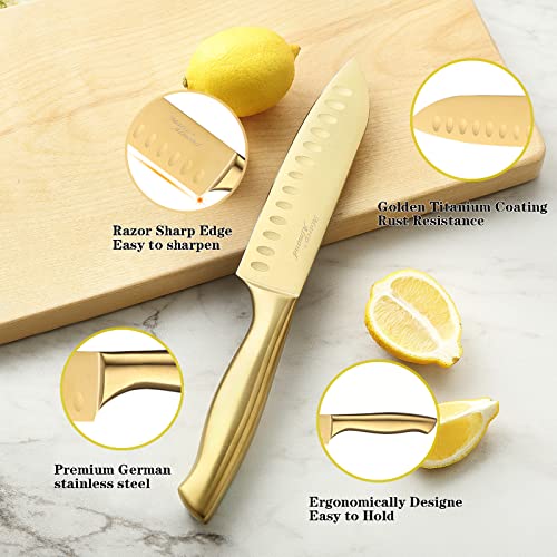 Marco Almond Gold Knife Set with White Knife Block, 14-Piece Titanium-Coated Kitchen Knives