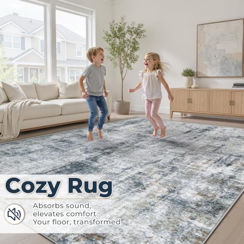 6x9 Washable Area Rug - Abstract Neutral Non Slip Indoor Carpet for Dining & Bedroom - Multi Blue