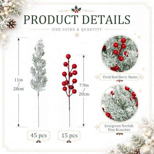 christmas artificial snow pine branches 60 pcs with red berry stems - 11in snowy Norfolk pine for wreaths & arrangements (white red / 60pcs)