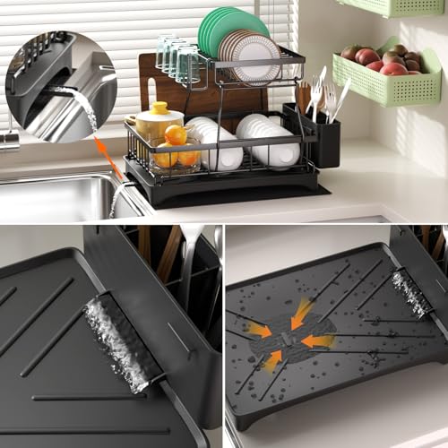 Godboat 2-Tier Dish Drying Rack - Auto Drain-to-Sink Black