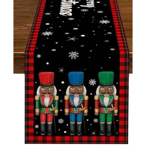 Nepnuser Merry Christmas Black Nutcrackers Table Runner African American Xmas Winter Holiday Party Decoration Seasonal Home Kitchen Island Dining Room Decor
