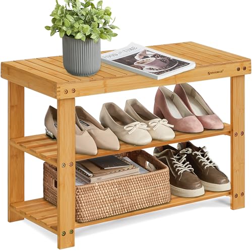 SONGMICS Light Bamboo 3-Tier Shoe Rack Bench - Entryway Storage Organizer