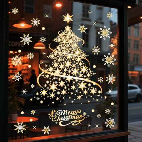 Large Christmas Window Clings for Glass Windows, Golden Christmas Tree Window Stickers Decals for Winter Holiday Door Wall Home Office Party Decorations