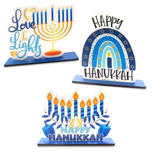 3PCS Hanukkah Table Decorations Decor, Wooden Chanukkah Table Centerpiece Set Dreidel Star of David Candle Menorah Blue Centerpieces Table Decorations for Home Party Jewish Christmas Chanukah Decor