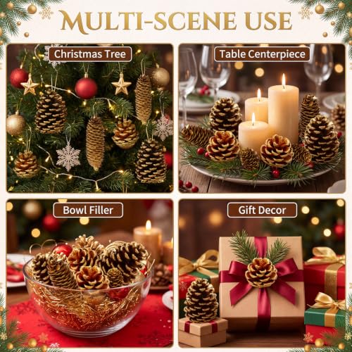 Janinka 24-Pack Gold Glitter Pine Cones - Multisize Christmas Ornaments