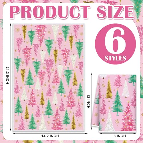 Oudain 6-Pack Pink Christmas Kitchen Towels – 21x14in Microfiber Gift Set, Pastel Pink Winter Decor
