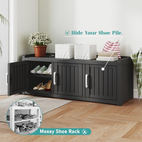 NUNU LAB 3-Door Waterproof Shoe Storage Cabinet with Adjustable Shelves, Entryway Bench, Black