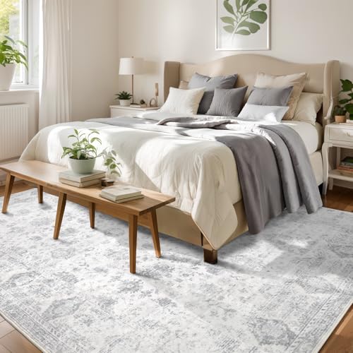 Grey Washable 8x10 Area Rug for Living Room - Modern Vintage Boho Style