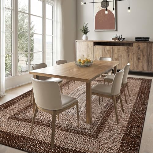 Brown Washable Geometric Rug 5x7 - Farmhouse Braided Print, Non-Slip, Low Pile
