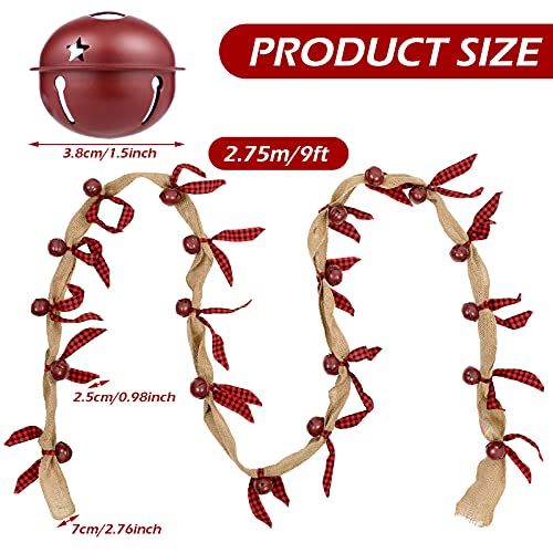 Tatuo Black and Red Rustic Burlap Garland with Bells, 9ft Christmas Decor