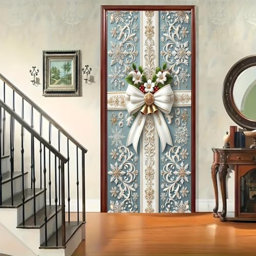 Christmas Door Cover Elegant White Bow Flowers Gold Bells 71x35 Inch - TOMHONG, Variation: Christmas Elegant Bow