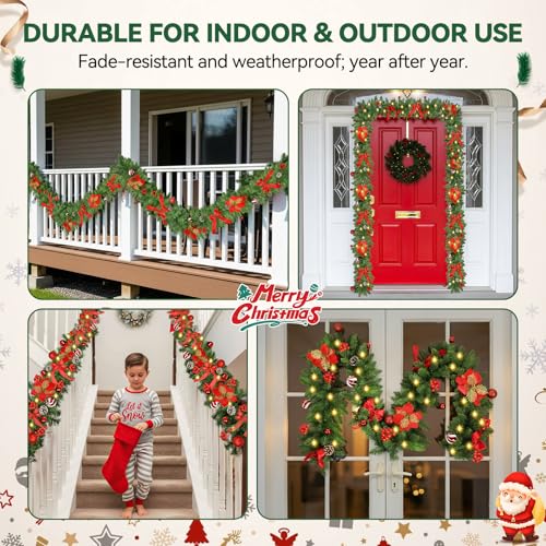 Sukaudiz 9FT Christmas Garland with Lights – Battery-Operated, Timer, Indoor/Outdoor
